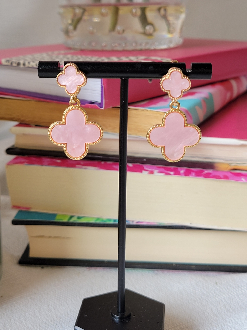 Pink Gold-Trim Quatrefoil Drop Earrings